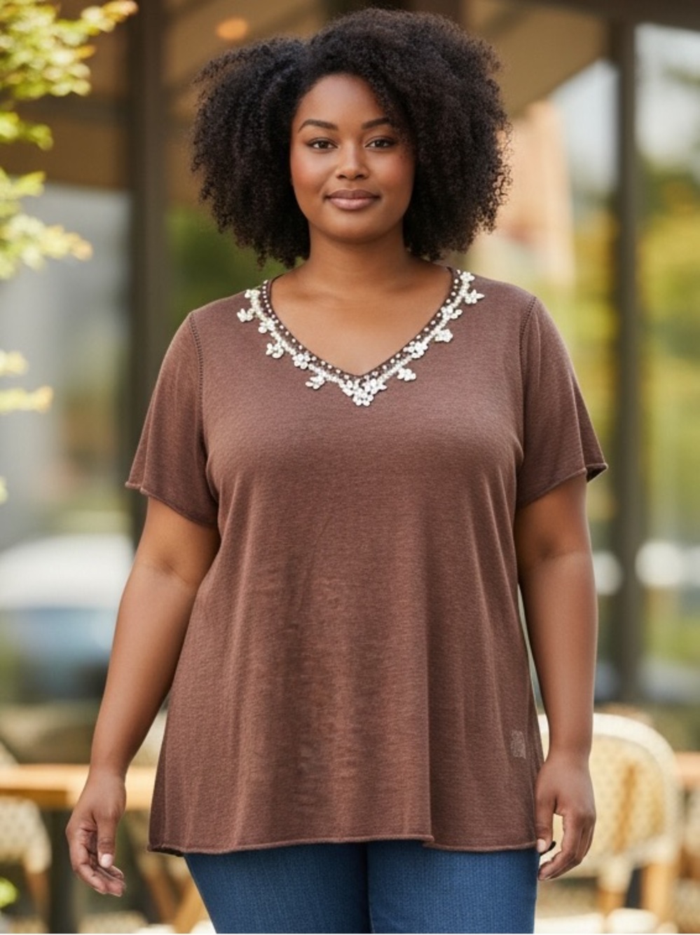 Karen Kane Brown V-Neck Top w White Beaded Trim Vintage Artsy Boho Y2K SZ 1X EUC